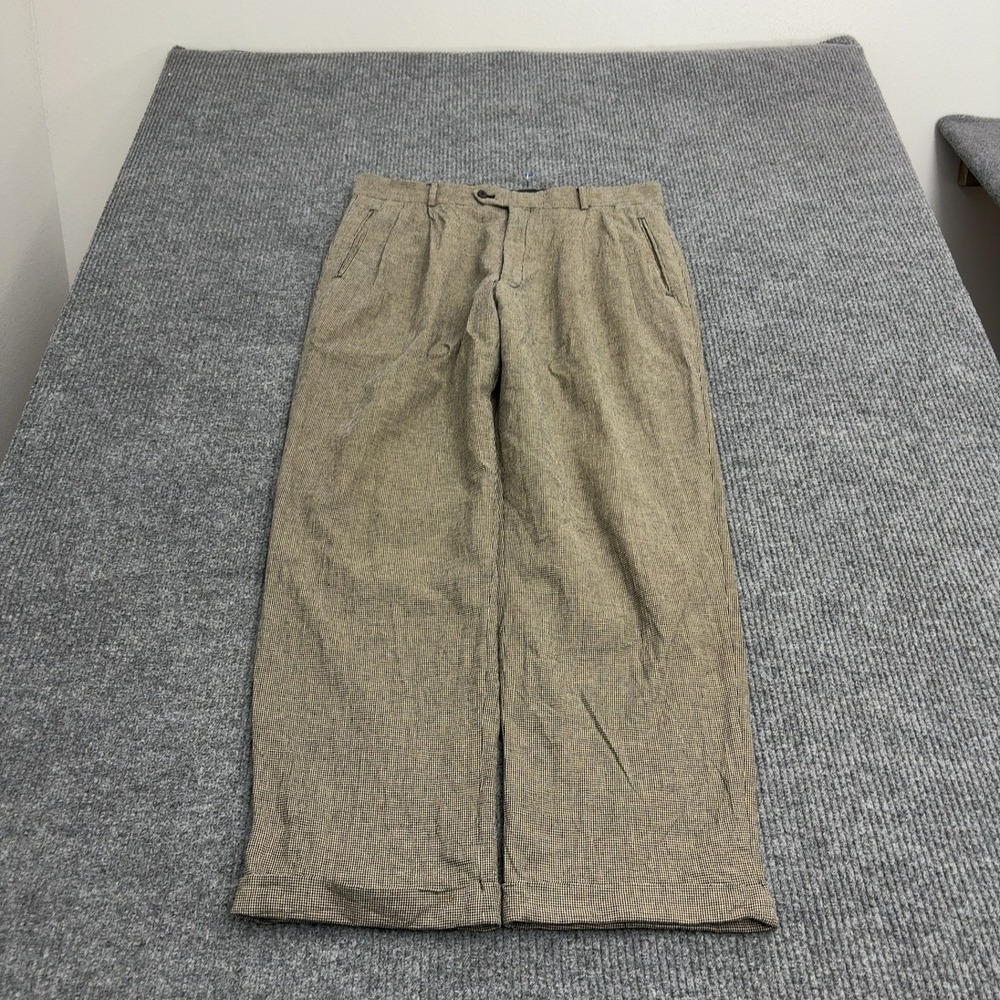Louis Raphael Pants Men 36 Brown Linen Cotton Houndstooth Pleated Cuffed Vintage
